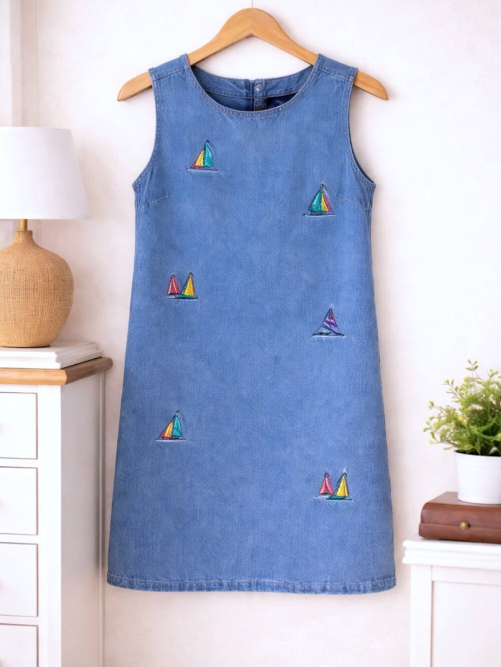 Vintage TY Wear Denim Sailboat Embroidered Shift Dress Coastal Nautical Size 10 - Picture 8 of 8